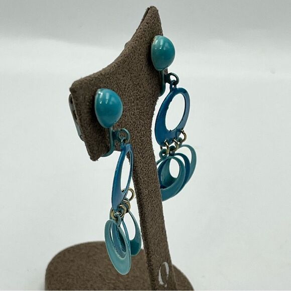 Vintage 1980s Blue Retro Dangle clip on metal Earrings - Picture 5 of 6
